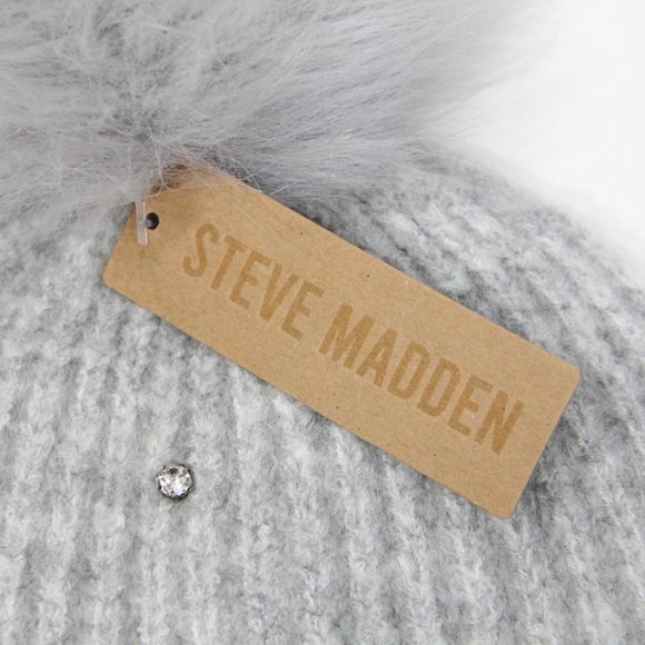Steve Madden Beanie NEW Women Winter Hat Pom Pom Rhinestones Ribbed Knit - Picture 8 of 8